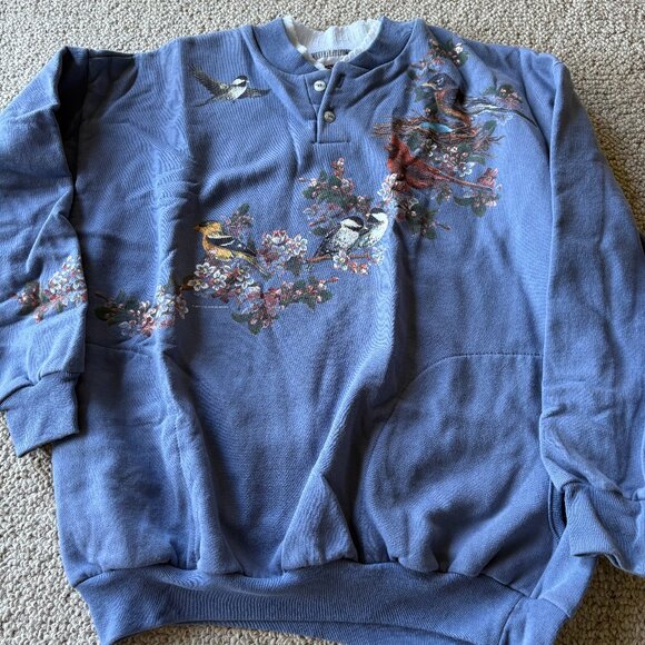 Vintage Art Unlimited Bird Sweatshirt | 80s Blue Button Neck | Cottagecore | L - Picture 1 of 14